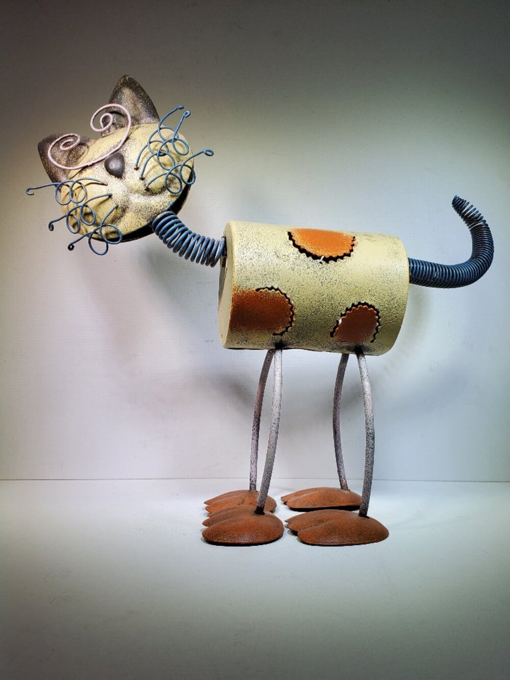 VINTAGE WHIMSICAL CAT... HAND FABRICATED METAL SCULPTURE...12 IN HIGH  X 13 IN W